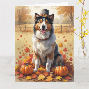 Ruwharige Collie in herfstbladeren Thanksgiving Ku Kaart