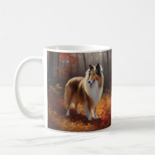 Ruwharige Collie in herfstbladeren val inspireert Koffiemok