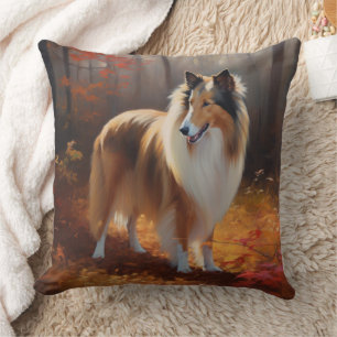 Ruwharige Collie in herfstbladeren val inspireren Kussen