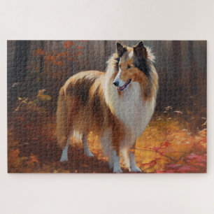 Ruwharige Collie in herfstbladeren val inspireren Legpuzzel