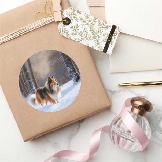 Ruwharige Collie Let It Snow Kerstmis Ronde Sticker (Geschenken)