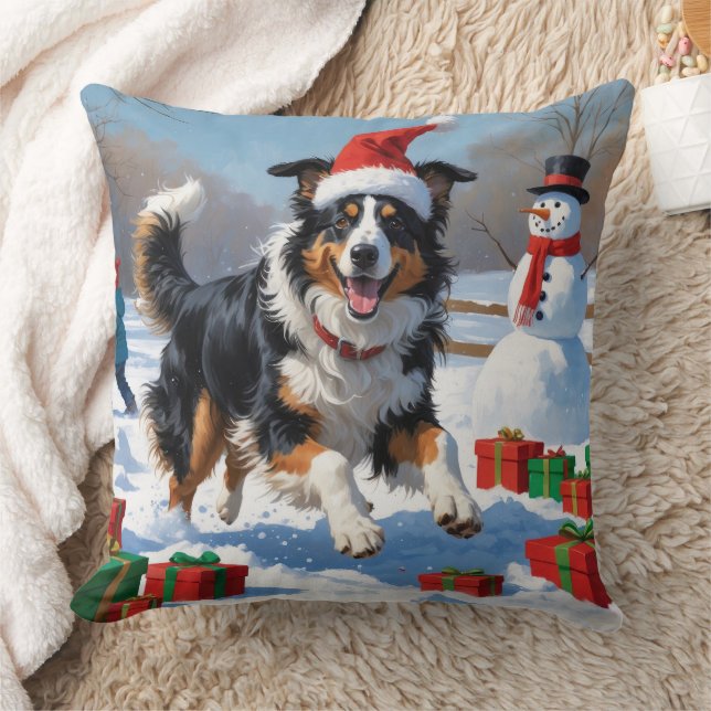 Ruwharige Collie Rent in Sneeuw met Kerstmuts Kussen (Deken)