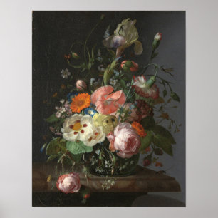 Ruysch - stilstaand leven met bloemen op een marme poster