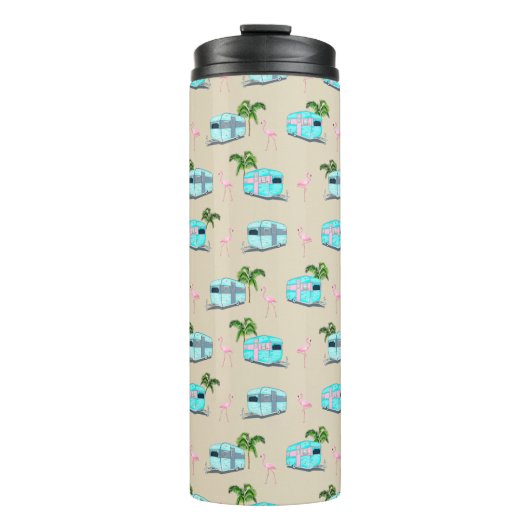 RV Beach Camping met Flamingos Thermosbeker (Voorkant)