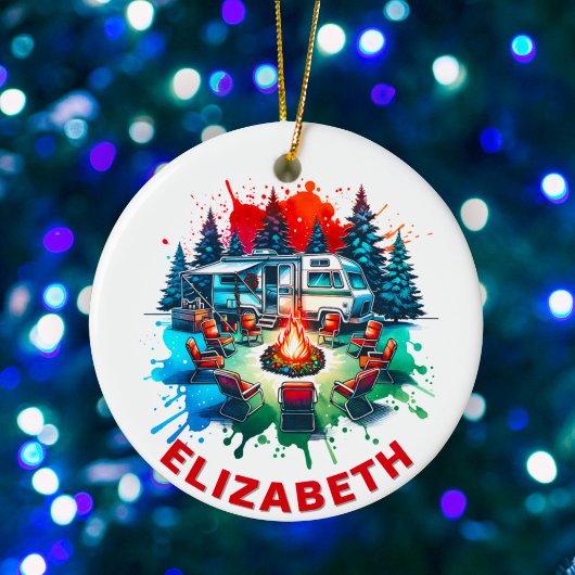 RV Camping en kampvuur Custom Name Keramisch Ornament