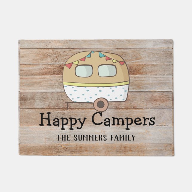 RV Trailer Happy Campers Gepersonaliseerde Familie Deurmat (Voorkant)