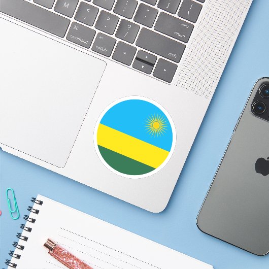 Rwanda Vlag Ronde Sticker (Laptop met iPhone)