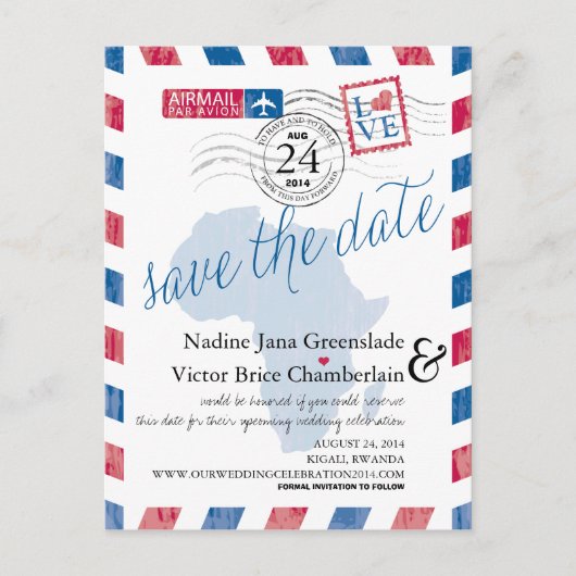 Rwanda Zuid-Afrika Airmail Wedding Save the Date Aankondigingskaart (Voorkant)