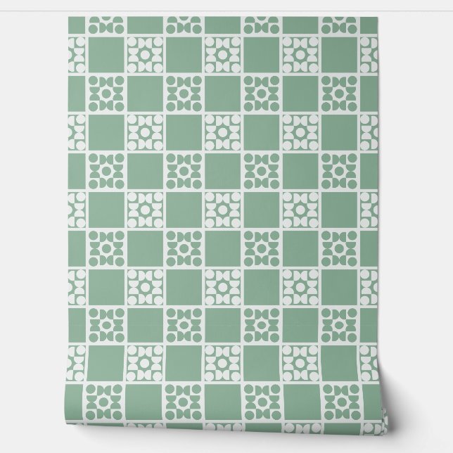 (S) 2502223C Retro Geometric Tiles Green Behang (Afrollen)