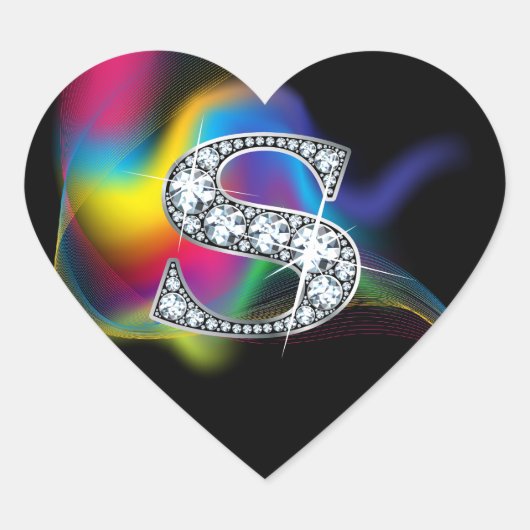"S" Diamond Bling on Rainbow Swirl Heart Sticker (Voorkant)