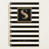 S Gold Floral Monogram | Zwarte witte gouden strep Planner (Voorkant)