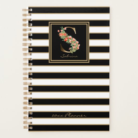 S Gold Floral Monogram | Zwarte witte gouden strep Planner (Voorkant)