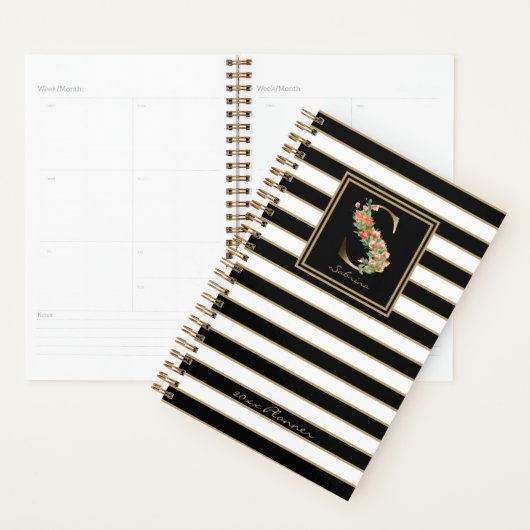 S Gold Floral Monogram | Zwarte witte gouden strep Planner (Display)