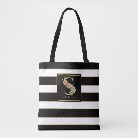 S Gouden Bloem Monogram | Zwarte Witte Gouden Stre Tote Bag (Voorkant)