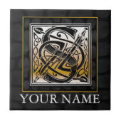 S "Jouw naam" Celtic Black Stone Monogram Tile Tegeltje (Voorkant)