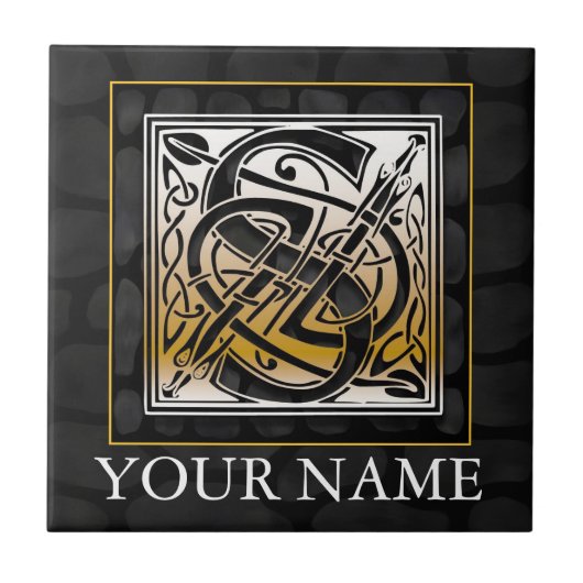 S "Jouw naam" Celtic Black Stone Monogram Tile Tegeltje (Voorkant)