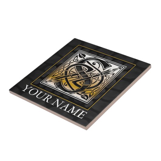 S "Jouw naam" Celtic Black Stone Monogram Tile Tegeltje (Zijkant)