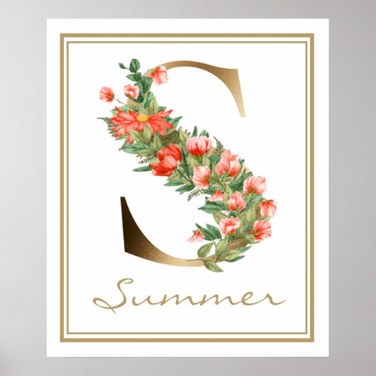 S Letter Gold Monogram Oranje bloemen Poster (Voorkant)