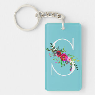 S Letter Initiaal Monogram Bloemen Aangepaste Kleu Sleutelhanger