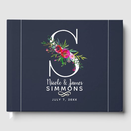 S Letter Initiële Monogram Bloem Naam Bruiloft Gastenboek (Voorkant)