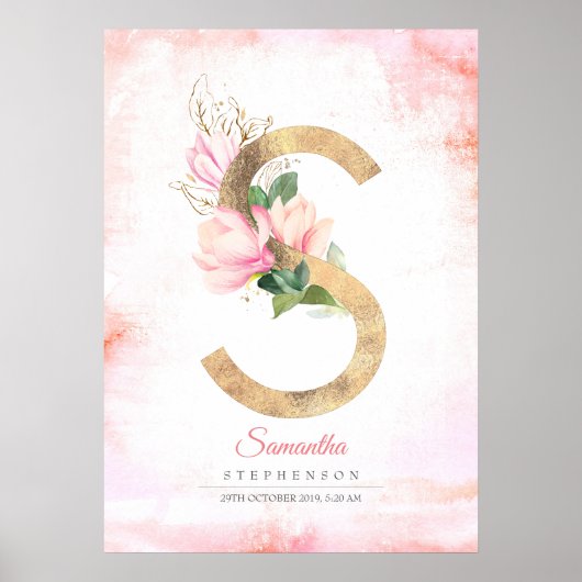 S Letter Monogram Gold blaast roze Magnolia Floral Poster (Voorkant)