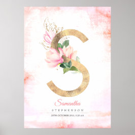 S Letter Monogram Gold blaast roze Magnolia Floral Poster