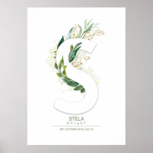 S Letter Monogram Goud Groene Bladeren Chic Poster