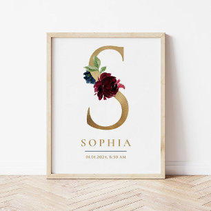 S Letter Monogram Naam Marsala Bloemenkwekerij Poster