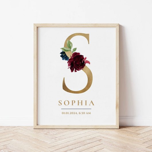 S Letter Monogram Naam Marsala Bloemenkwekerij Poster