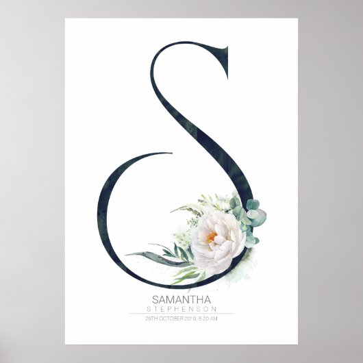S Letter Monogram Witte Bloemen en Groene Bladeren Poster (Voorkant)