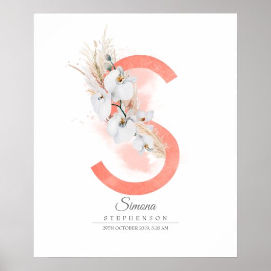 S Letter Monogram Witte Orchideeën en Pampagras Poster (Voorkant)