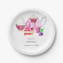 's middags Tea Party Script Elegant Pink Birthday Papieren Bordje
