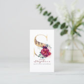 S Monogram Bourgondische rode bloemen en gouden gl Visitekaartje (Staand voorkant)