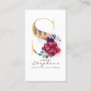 S Monogram Burgundy Gold en Navy Blue Floral Visitekaartje