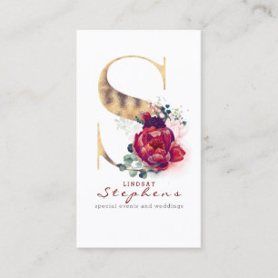 S Monogram Burgundy Red Flowers en Gold Glitter Visitekaartje