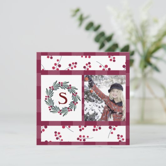 "S" Monogram Foto Holly Berry Wreath Holiday (Staand voorkant)