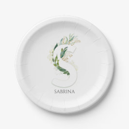 S Monogram Goud Groene Bladeren Elegante Naam Papieren Bordje