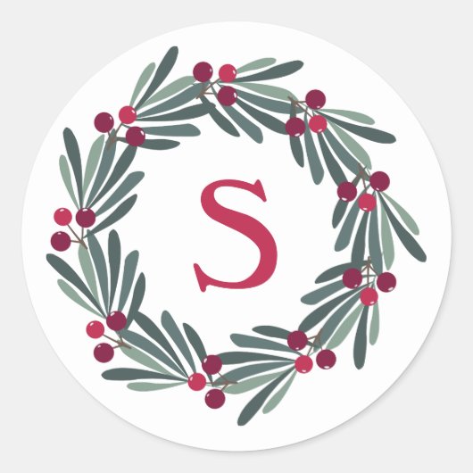 "S" Monogram Holly Berry Wreath Ronde Sticker (Voorkant)