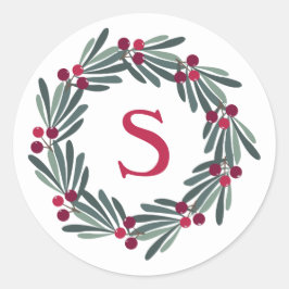 "S" Monogram Holly Berry Wreath Ronde Sticker