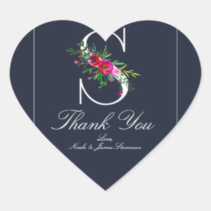 S Monogram Laatste Initiaal Modern Blue Floral Wed Hart Sticker