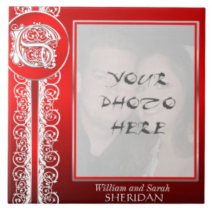 S Monogram "White Lace on Red" met foto - Tegel Tegeltje
