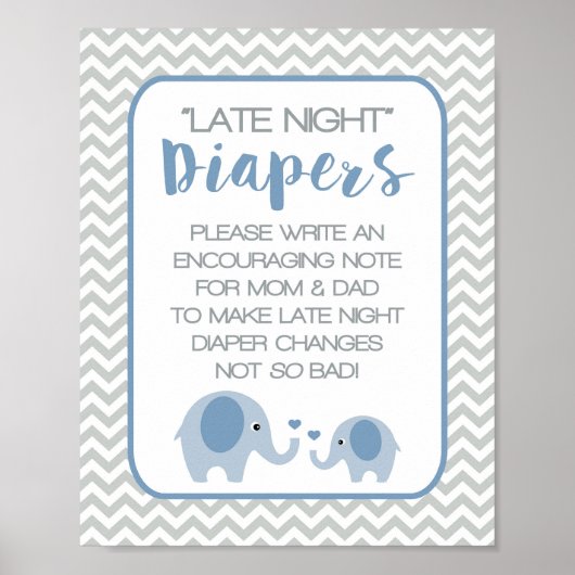 's Nachts diapers Baby shower Sign Blue Elephants Poster (Voorkant)