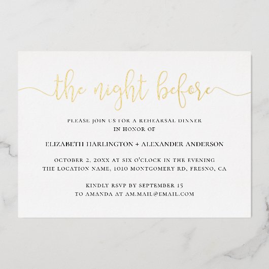 's Nachts. Elegant goudscript repetitief diner Folie Uitnodiging (Voorkant)