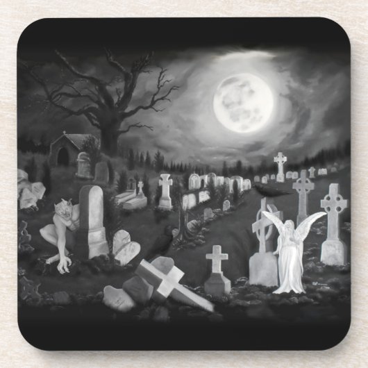 's Nachts op het kerkhof - Angel met Devil Bier Onderzetter (Voorkant)