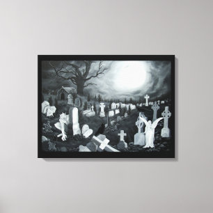 's Nachts op het kerkhof - Angel met Devil Canvas Afdruk