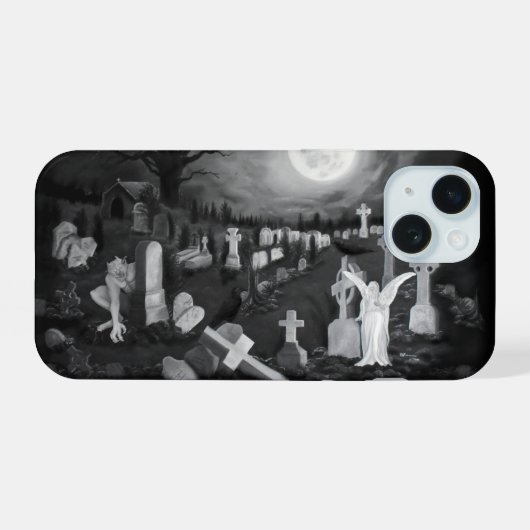 's Nachts op het kerkhof - Angel met Devil iPhone 15 Case (Achterkant horizontaal)