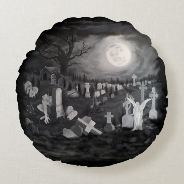 's Nachts op het kerkhof - Angel met Devil Rond Kussen (Voorkant)