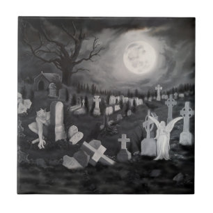 's Nachts op het kerkhof - Angel met Devil Tegeltje