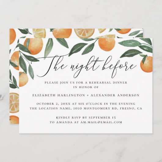 's Nachts. Waterverf citrusrepetitie diner Kaart (Voorkant / Achterkant)