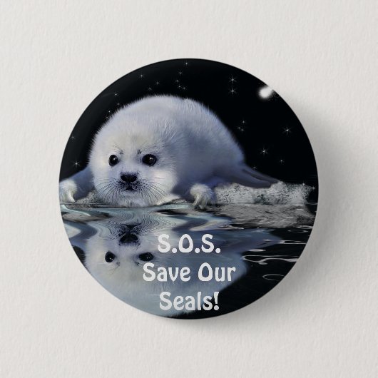 S.O.S. BESPAAR ONZE HARP SEALS RONDE BUTTON 5,7 CM (Voorkant)